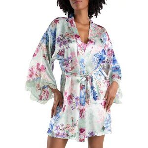 NWT In Bloom by Jonquil Madelyn Wrap Robe Sz XL Tea Green Floral Satin Lace Trim